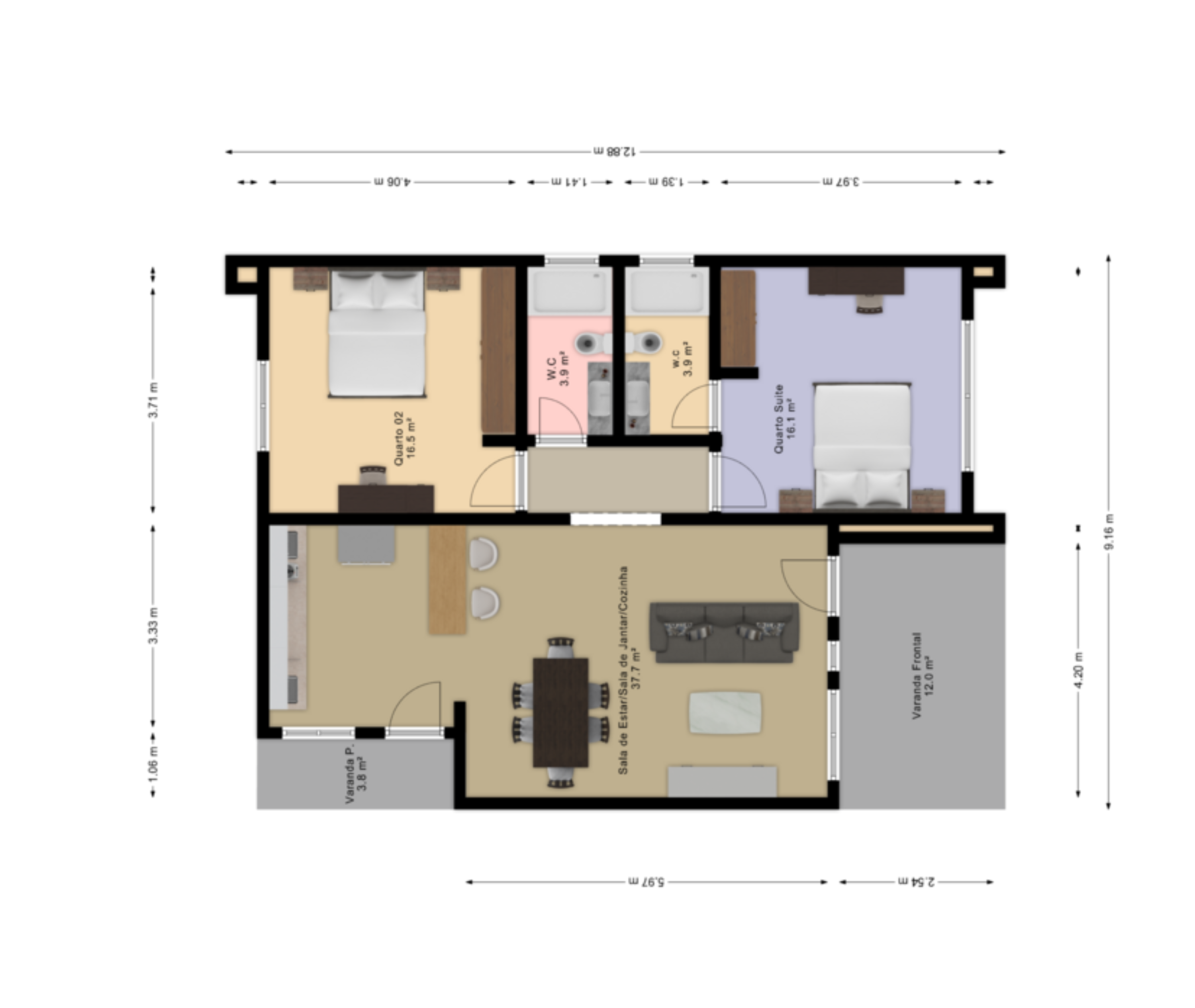 Planta Humanizada de Projecto de casa térrea com cozinha integrada